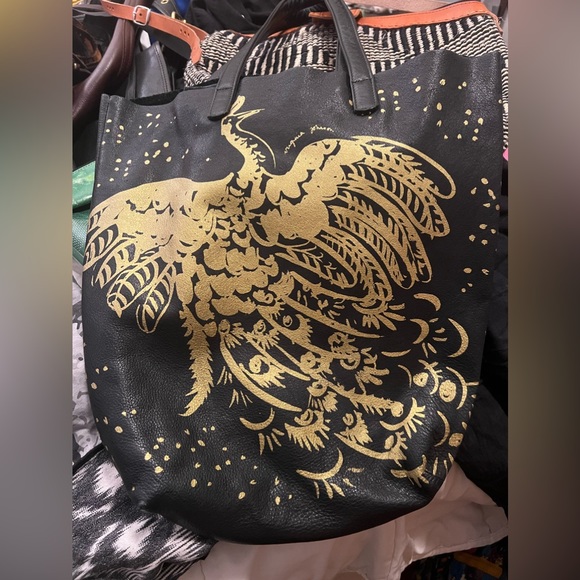 Baggu Black Leather Unlined Tote Bag Virginia Johnson Collab Gold Phoenix - Picture 2 of 4